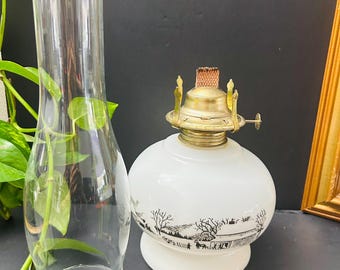 1960s Milk Glass Oil Lamp Currier & Ives Homestead w/ Glass Chimney