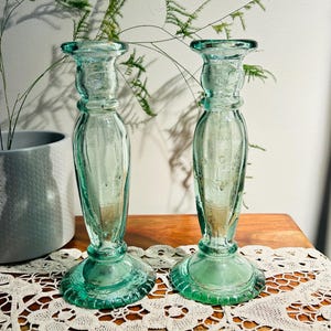 Pair of vintage recycled glass candle holders or bud vases made in Spain H 8.5”