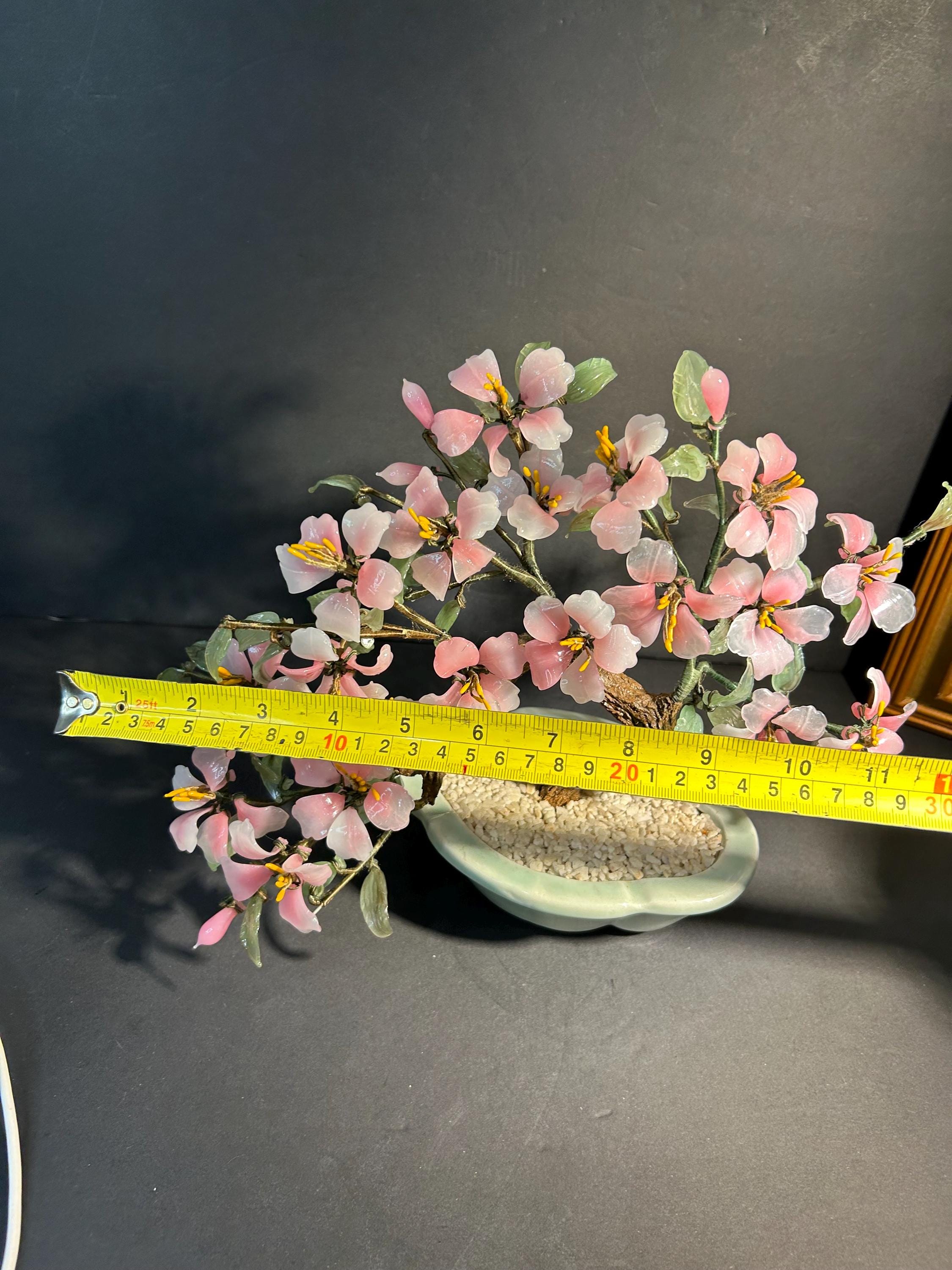 Vintages Japan Jade Tree Carved Leaves & Pink White Glass Flowers