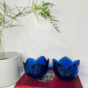 Two Vintage Cobalt Blue Glass Tulip Flower Vase ,bowl, Candle Holders 4”x3”