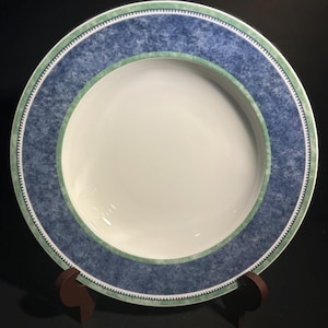 May include: A white ceramic plate with a blue and green decorative border. The plate features a wide blue band with a speckled pattern, a green inner border, and a white centre. The plate is displayed on a brown stand.
