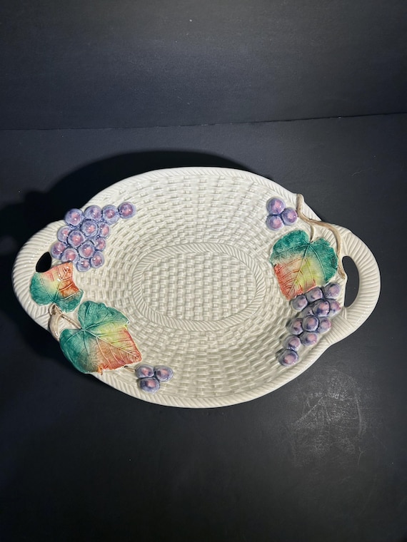 1980s Fitz and Floyd Large Basket Weave Fruit Grapes Wide Serving