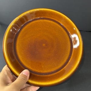 May include: A round, brown ceramic plate with a glossy finish. The plate has a wide rim and a slightly recessed centre. The colour is a warm, earthy tone, with variations in the glaze creating depth and visual interest.