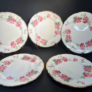 Può includere: Un set di piatti in porcellana bianca con un motivo floreale di rose rosa. I piatti hanno un bordo smerlato e un bordo dorato. Le rose sono in piena fioritura e circondate da foglie verdi. Disposti su una superficie scura.