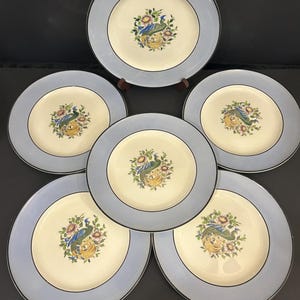 Könnte beinhalten: Set aus sechs Vintage-Keramikplatten. Jede Platte hat einen hellblauen Rand mit schwarzem Akzent und eine cremefarbene Mitte. Die Mitte jeder Platte hat ein Blumendesign mit einem Pfau und Blumen.