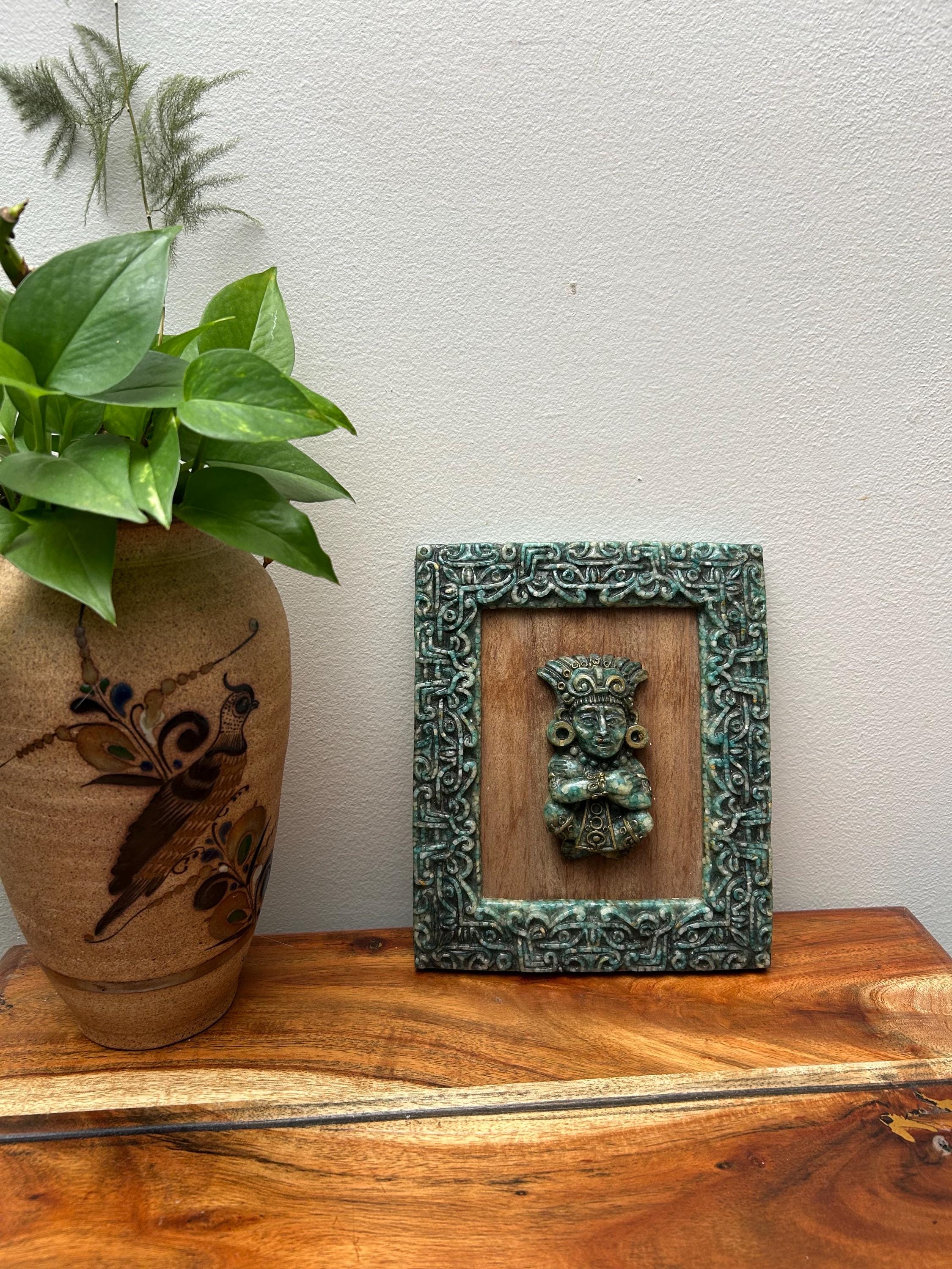 Vintage ZAREBSKI, Crushed Malachite Aztec/mayan Plaque 7.25”x8.25