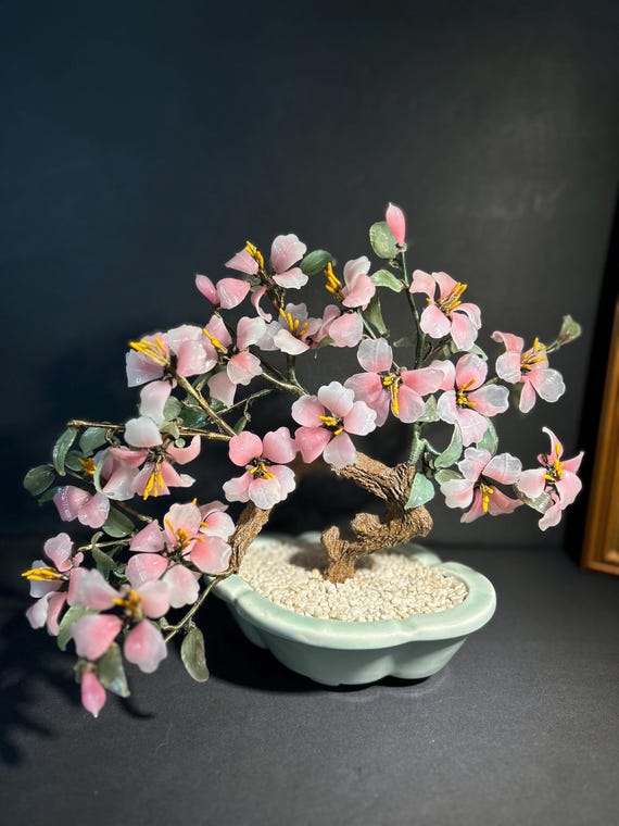 Vintages Japan Jade Tree Carved Leaves & Pink White Glass Flowers