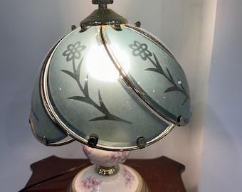 Vintage Lamp w/ 6 Smokey Glass Panels and Floral 13.5”
