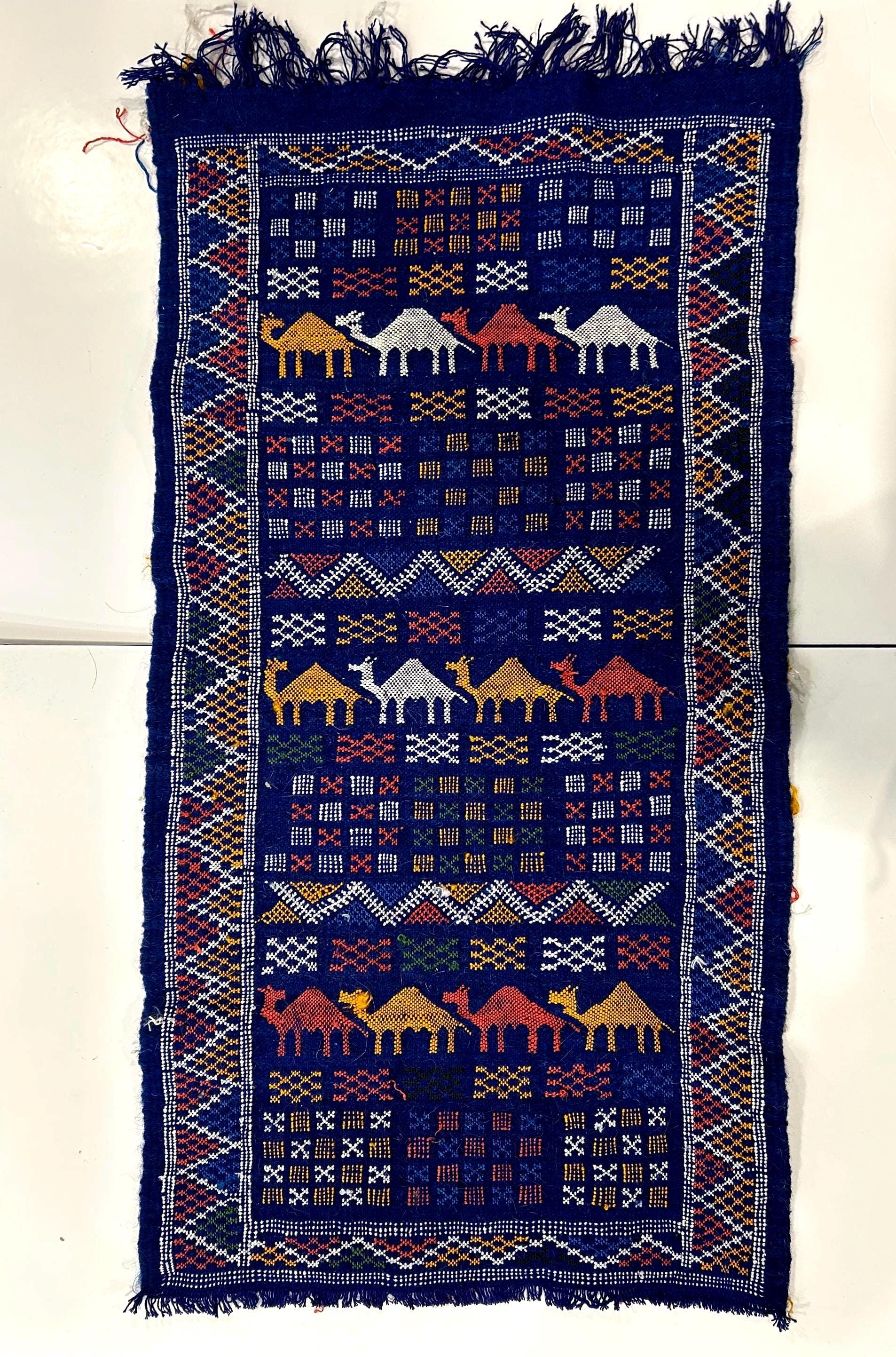 Vintage Hand Woven Traditional Moroccan Wool Camels Tapestry
