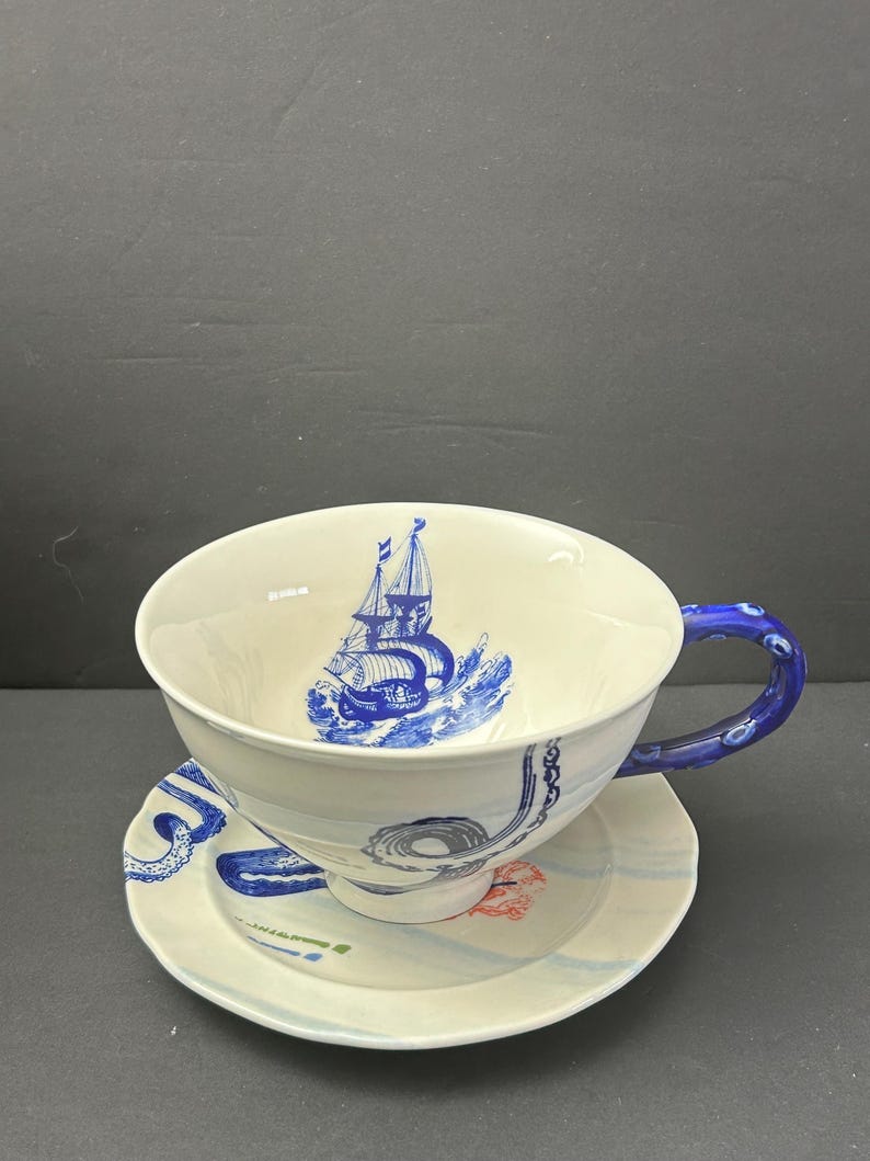 Anthropologie deep-sea octopus cup & saucer set (2),cottagecore, farmhouse ,rustic decor style image 4