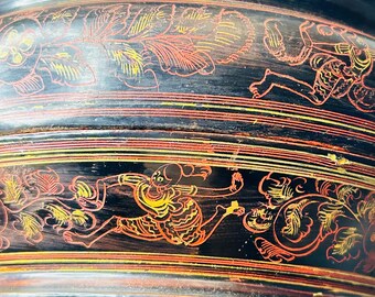 金属工芸　彫金　打出　ボウル　　ビルマ アンティークのビルマ漆器ボウル：彤台座、仏教寺院装飾、コテージコア