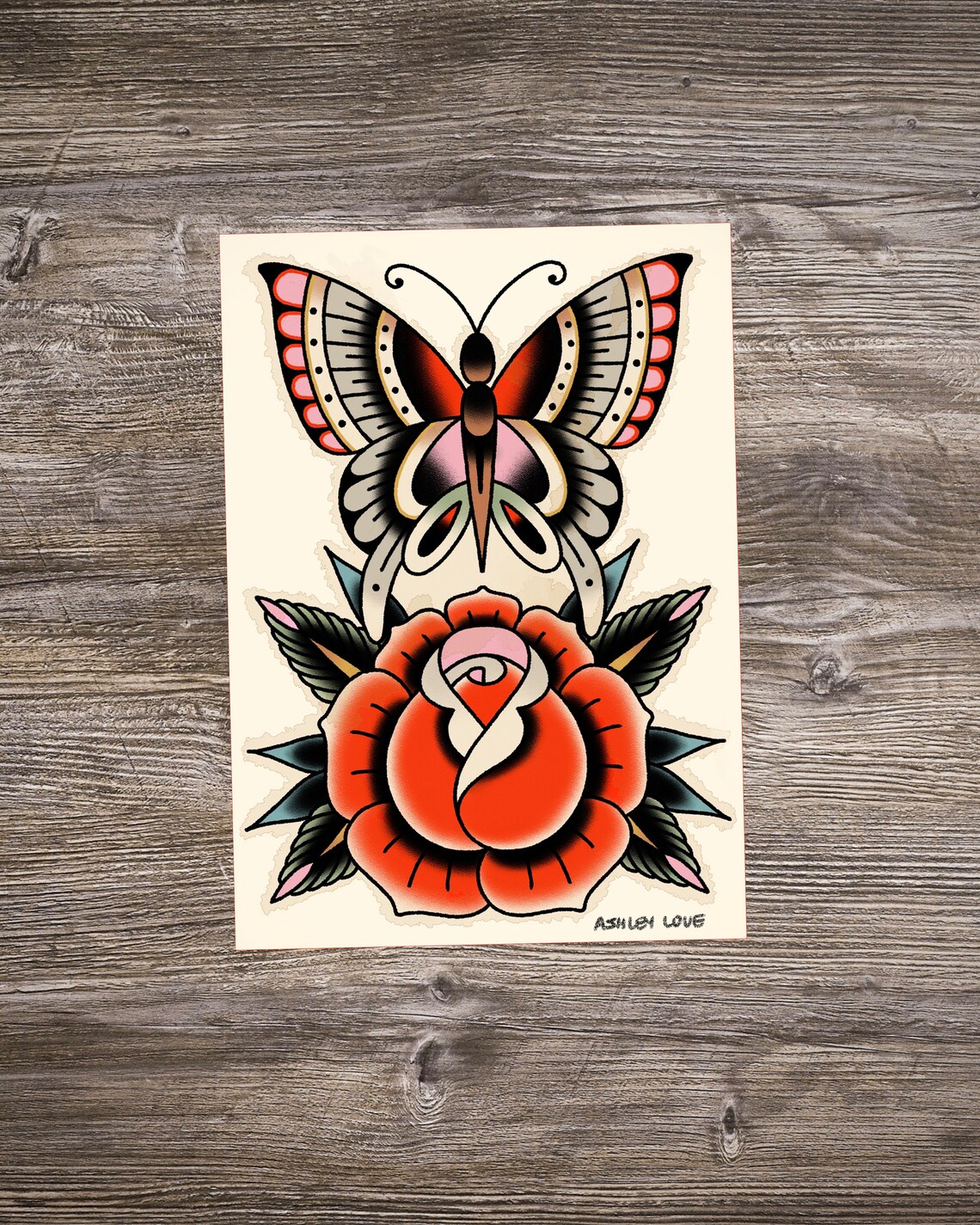 Color Butterfly Rose - Traditional Tattoo Flash Print - Housewarming ...