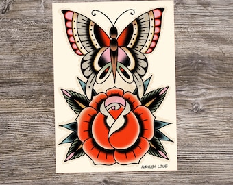 May include: A traditional tattoo style illustration of a red rose with green leaves and a butterfly with black, white, red, and pink wings. The image is signed "Ashley Love".