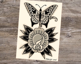 May include: Black and white tattoo flash design featuring a butterfly perched on a rose. The butterfly has intricate details and the rose has a stylized design.