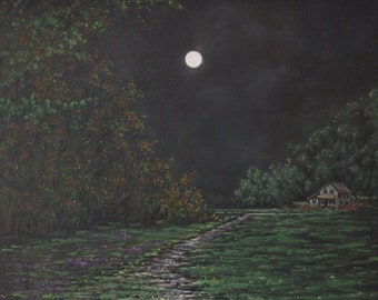 Moonlit Homestead #2 von Tina M. Morgan, Pastelle und Tinte auf Fisher400 geschliffen, 8 3/8" x 11 1/16", ungerahmt.