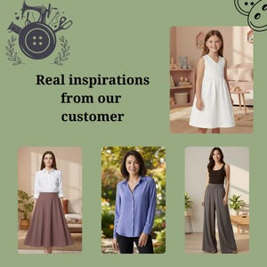 May include: An image showcasing various clothing items. A young girl wears a white dress. Other items include a white shirt and brown skirt, a blue button-down shirt, and gray wide-leg pants. Text reads "Real inspirations from our customer."