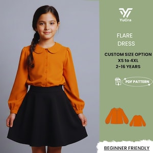 May include: A girl wearing a mustard-colored blouse with a Peter Pan collar and a black flared skirt. The image includes text that reads "FLARE DRESS", "CUSTOM SIZE OPTION XS to 4XL 2-16 YEARS", and "BEGINNER FRIENDLY".