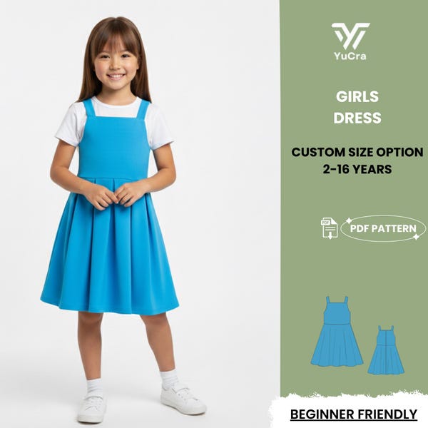 Girls Dress PDF Sewing Pattern | Light Blue Sleeveless Pinafore Jile Gown Kids Pleated Skirt 2-16 Years | Easy Beginner Friendly PDF Pattern