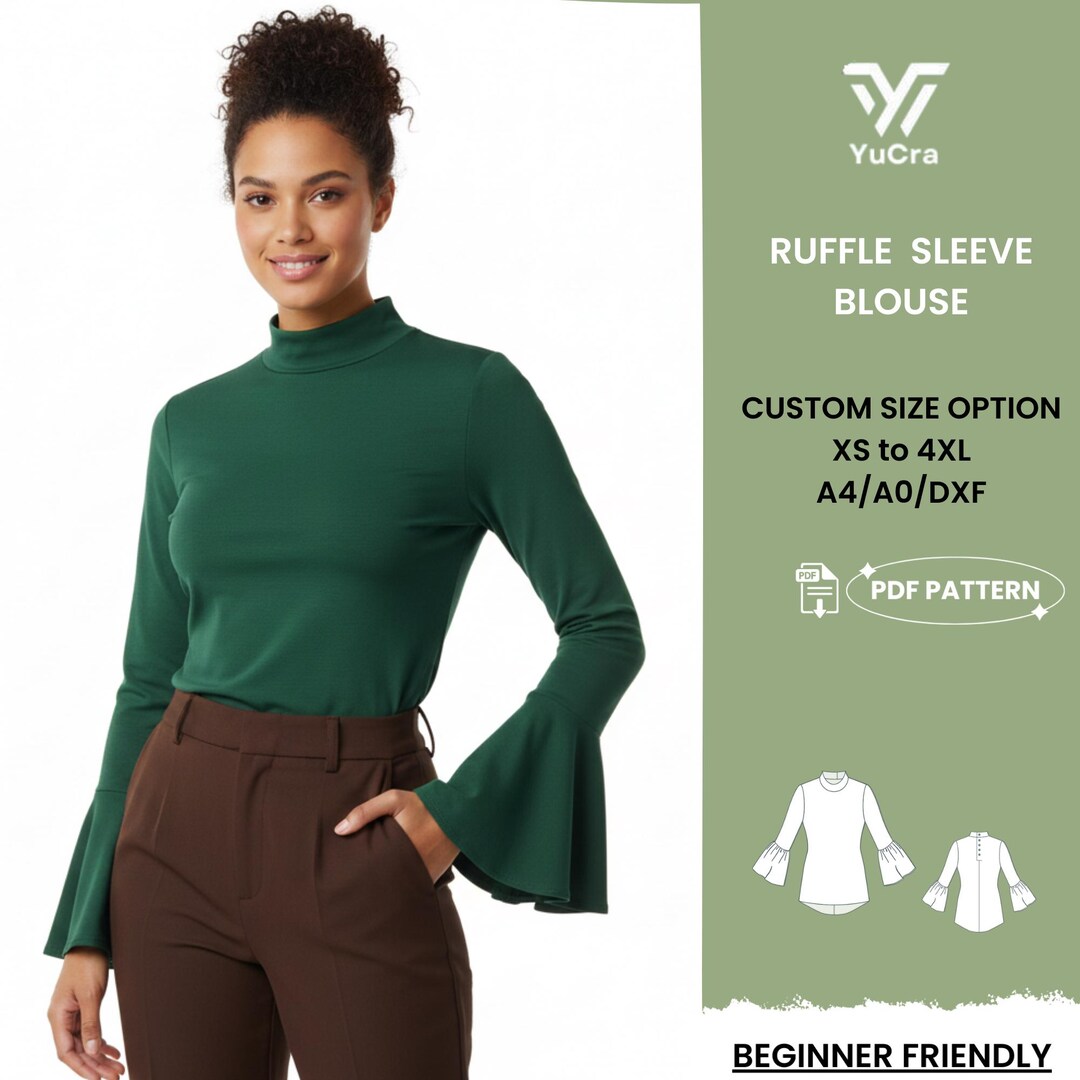 Women's Ruffle Sleeve Blouse PDF Sewing Pattern | High Neck Bell Sleeve ...