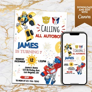 Convite de aniversário editável Rescue Bots – Convite para festa Optimus Prime e Bumblebee Transformers, download digital