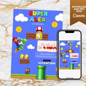 Modelo de convite de aniversário editável do Super Mario Bros – Digital Canva Invite, download instantâneo