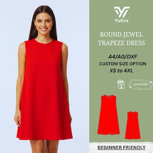 Op de afbeelding: Een mouwloze, felrode trapezejurk met een ronde halslijn. De afbeelding bevat de tekst "ROUND JEWEL TRAPEZE DRESS" en "XS to 4XL". De jurk heeft een uitlopende vorm.