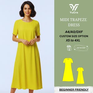 Può includere: Una donna indossa un abito trapezio midi giallo brillante con maniche corte. L'abito ha un design semplice. Il testo sul lato destro recita "MIDI TRAPEZE DRESS" e "XS to 4XL". Il modello del vestito è adatto ai principianti.