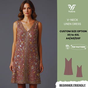May include: A sleeveless, mauve V-neck linen dress with intricate floral and beaded embellishments. The dress features a custom size option from XS to 4XL. The image also includes a PDF pattern and the text "Beginner Friendly".