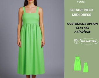 Patrón de costura en PDF para vestido midi de escote cuadrado para mujer / Elegante vestido de verano sin mangas tallas XS-4XL / Patrón en PDF fácil y práctico para principiantes