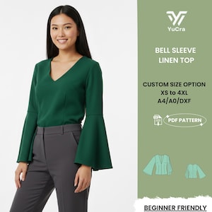 May include: A woman wearing a dark green bell sleeve linen top with a V-neck. The top is paired with gray pants. Text on the right reads "BELL SLEEVE LINEN TOP", "CUSTOM SIZE OPTION XS to 4XL", and "PDF PATTERN". The design is beginner friendly.