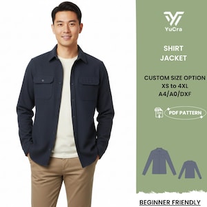 May include: A navy blue shirt jacket with two chest pockets and button closures. The jacket is worn over a cream-colored shirt and paired with khaki pants. The image includes text that says "SHIRT JACKET" and "CUSTOM SIZE OPTION XS to 4XL".
