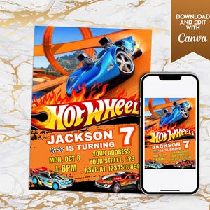 Modello di invito di compleanno Hot Cars modificabile - Download digitale per la festa Hot Cars Let's Race per ragazzi