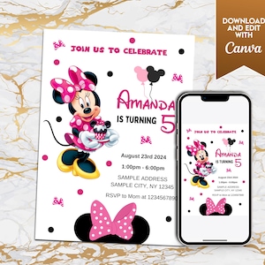 Modello di invito di compleanno di Minnie Mouse modificabile – Invito per festa di ragazze carine, download digitale