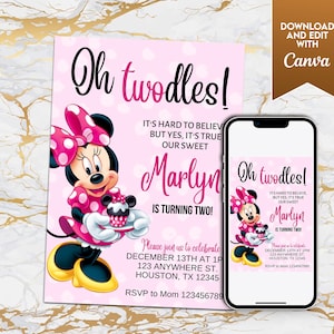 Editable Oh TWOdles 2nd Birthday Invitation – Boho Minnie Mouse Party Invite, Digital Download for Girls