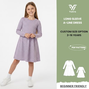 May include: A young person wearing a long-sleeve, A-line dress with horizontal purple and white stripes. The dress is paired with white socks and sneakers. The image includes text that reads "LONG SLEEVE A-LINE DRESS" and "CUSTOM SIZE OPTION 2-16 YEARS."