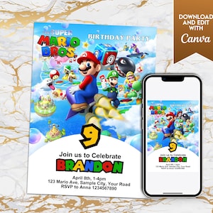 Modèle d'invitation d'anniversaire modifiable Super Mario Bros – Invitation numérique sur toile, téléchargement immédiat