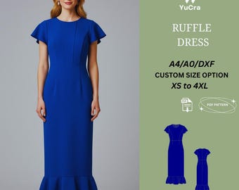 Ruffle Dress Sewing Pattern | Elegant Fitted Midi Dress With Flounce Hem XS–4XL | Easy Beginner Friendly PDF Pattern