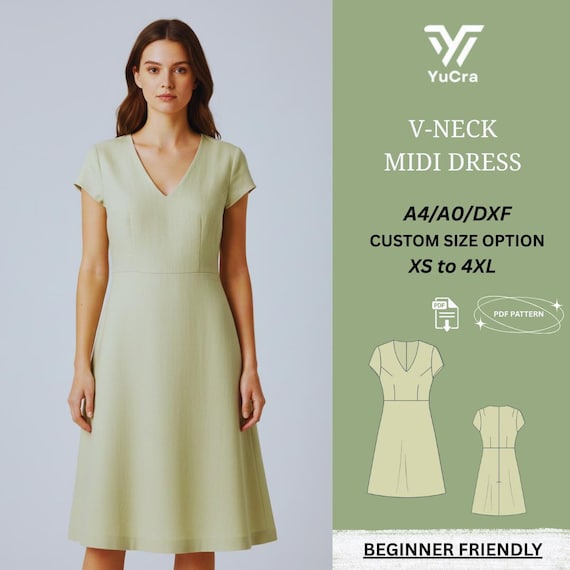 V-neck Midi Dress Sewing Pattern | Women's Fit & Flare Dress | XS4XL |  Easy Beginner PDF Pattern (A4/A0/DXF) - Etsy Israel