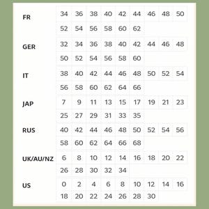 May include: A size chart with measurements for clothing. The chart includes sizes for FR, GER, IT, JAP, RUS, UK/AU/NZ, and US sizing systems. The chart is on a light green background.