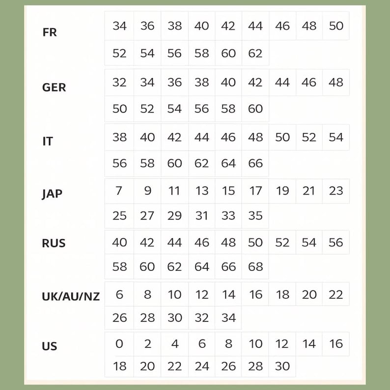 May include: A size chart with measurements for clothing. The chart includes sizes for FR, GER, IT, JAP, RUS, UK/AU/NZ, and US sizing systems. The chart is on a light green background.