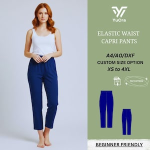 Może przedstawiać: Kobieta w granatowych spodniach capri z elastyczną talią i białym topie. Obraz zawiera tekst "ELASTIC WAIST CAPRI PANTS" i "XS to 4XL". Projekt jest przyjazny dla początkujących.