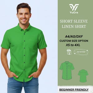 May include: A man wearing a bright green short-sleeve linen shirt with a button-down collar and a chest pocket. The image includes text that reads "SHORT SLEEVE LINEN SHIRT" and "XS to 4XL". The shirt is paired with blue jeans.