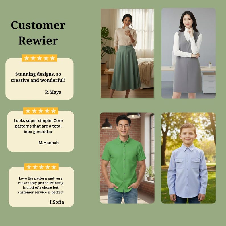 May include: Image featuring a variety of clothing items. A woman wears a beige top and a green skirt. A woman wears a gray dress over a white turtleneck. A man wears a green shirt, and a boy wears a blue shirt.