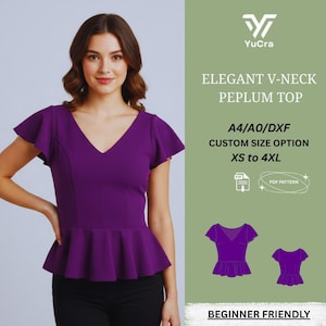 May include: A woman wearing a vibrant purple V-neck peplum top with short, flared sleeves. The top is paired with black pants. Text on the right side reads "ELEGANT V-NECK PEPLUM TOP" and "XS to 4XL". The design is beginner friendly.