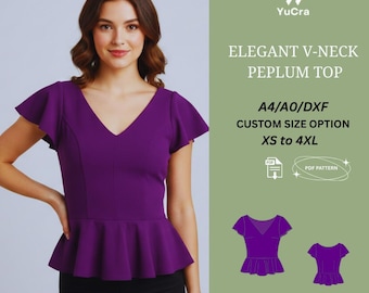 Elegant Peplum Top Sewing Pattern | Fitted V-Neck Flounce Sleeve Top XS–4XL | Easy Beginner Friendly PDF Pattern