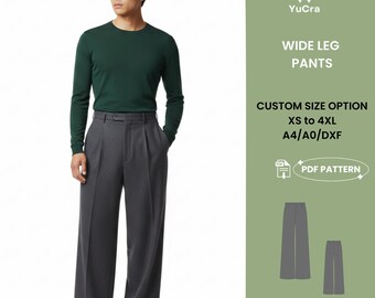 Men's Wide Leg Pants Pdf Sewing Pattern | Grey Pleated Trousers Casual Classic Pants XS-4XL | Easy Beginner Friendly PDF Pattern