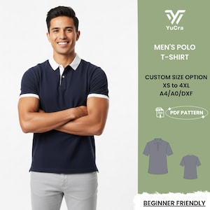 Puede incluir: Un polo azul marino con detalles blancos en el cuello y las mangas. La imagen incluye texto: "MEN'S POLO T-SHIRT" y "CUSTOM SIZE OPTION XS to 4XL". El diseño es "BEGINNER FRIENDLY".