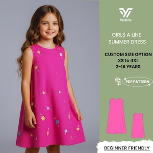 May include: A sleeveless, hot pink A-line summer dress for girls, adorned with embroidered flowers and small beads. The dress is shown on a young girl. Text on the side reads "GIRLS A LINE SUMMER DRESS" and "XS to 4XL 2-16 YEARS".