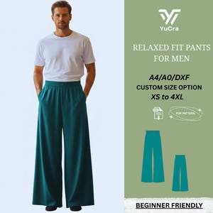 May include: A person wearing teal relaxed fit trousers with a white t-shirt. The image includes the text "RELAXED FIT PANTS FOR MEN" and "XS to 4XL". The design is beginner friendly.