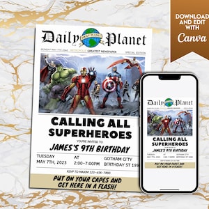 Modelo de cartão de convite de aniversário de super-heróis dos Vingadores editável – Convite digital para download instantâneo